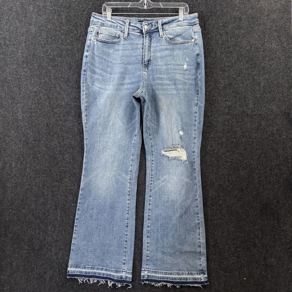 Judy Blue Jeans Women's 14W Blue Mid Rise Bootcut Distressed Fringe Hem